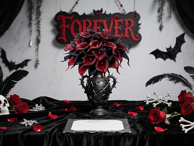24 Pcs Artificial Calla Lily Flowers Fake Silk Flowers Real Touch for Halloween Wedding Bouquet Office Home Kitchen Decor (Black Red)