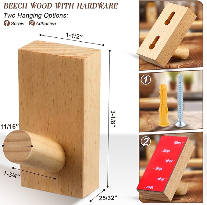 Felidio Natural Wooden Wall Hooks, Adhesive & Screw Mount Coat and Towel Hooks - Decorative Key Holder, Hat Rack, Stocking Wall Hangers for Bathroom Entryway Closet - 4 Pack, Beech Wood