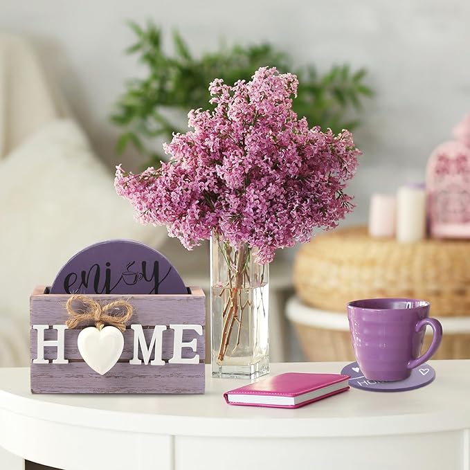Queekay Coasters Set of 6 House Warming Gifts New Home Wooden Farmhouse Drink Coasters with Holder 4'' Funny Decoration for Kitchen Family Coffee Bar Tabletop Protection(Purple)