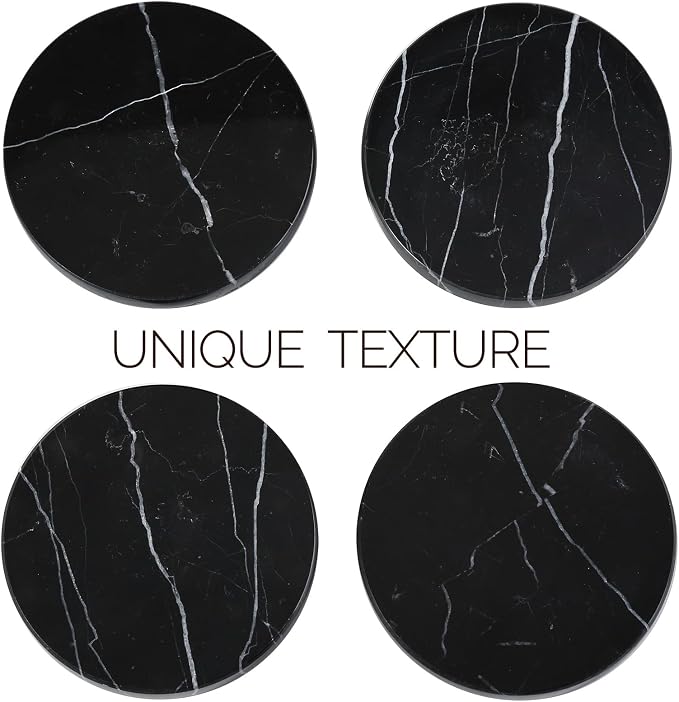 Koville Marble Coaster Set of 4, Round Coasters, 4" Stone Coaster for Drinks Coffee, White Marble Coasters for Coffee Table Home Bar Decor, Heat Resistant, Gift Choice(Black)