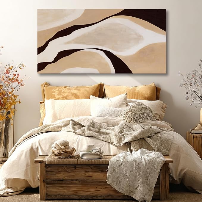 Dolidoteart Beige Brown White Black Canvas Wall Art, Large Neutral Abstract Wall Art Print for Bedroom, Modern Horizontal Wall Decor for Living Room, 24x48 Inch