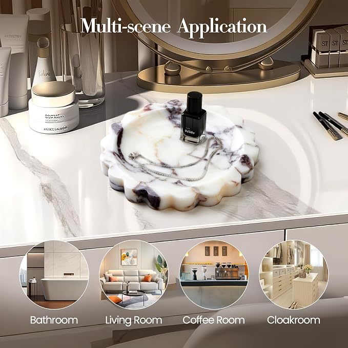 SAMAH Calacatta Viola Natural Marble Tray, Scalloped Bathroom Tray, Luxury Decorative Trays for Bathroom, Vanity, Dresser, Kitchen & Home Decor, Housewarming Gifts New Home (Round)