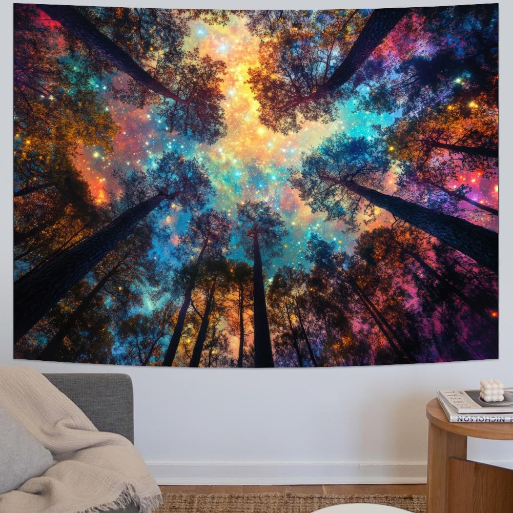 Amhokhui Colorful Forest Tapestry Nature Landscape Tapestry Mysterious Sky Tapestries Psychedelic Aesthetic Starry Night Tapestries Trippy Galaxy Space Wall Hanging Decor for Home