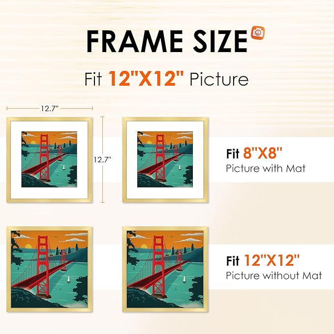FIXSMITH 12x12 Picture Frame Gold Set of 2, Photo Frame with HD Plexiglass, Display Pictures 8x8 with Mat or 11x17 Without Mat, Gold Picture Frames Collage Wall Decor, Gallary Wall Frame