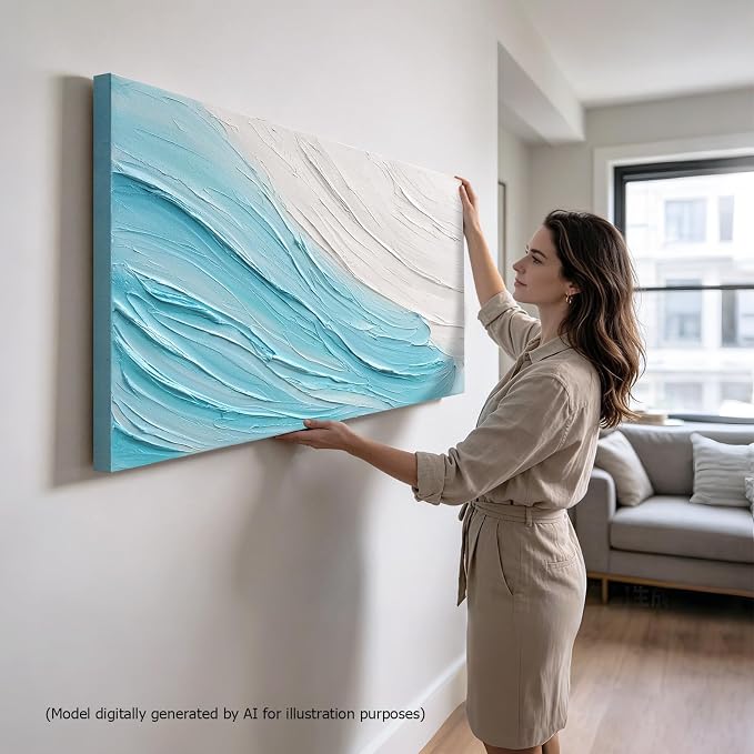 Large Modern Abstract Ocean Wave Canvas Wall Art Coastal Oil Painting Decor | 24x48 In Hand‑Painted Horizontal Minimalist Artwork for Living Room Bedroom Office, Original Blue & White Wall Decor Gifts