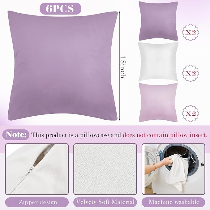 Berlune 6 Pcs Velvet Throw Pillow Covers 18" x 18" Decorative Cushion Cases Soft Pillowcase for Graduation Coquette Party Accessories Couch Sofa Bed Chair Home Decor, No Inserts (Purple Series)