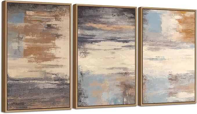 Large Framed Canvas Wall Art - Natural Float Framed Colorful Pictures for Living Room Decor Contemporary Brown Beige Grey Lines Artwork for Bedroom Kitchen Home Office Decoration 96" X 48" Set of 3