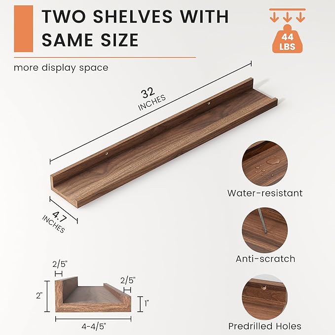 FLYJOE Picture Ledge Shelf, Floating Shelves Set of 2, 32 Inches Nursery Book Shelves for Toys Storage, Kids Bookshelf Wall Mounted for Living Room Bedroom Decor Books Photo Frames, Walnut
