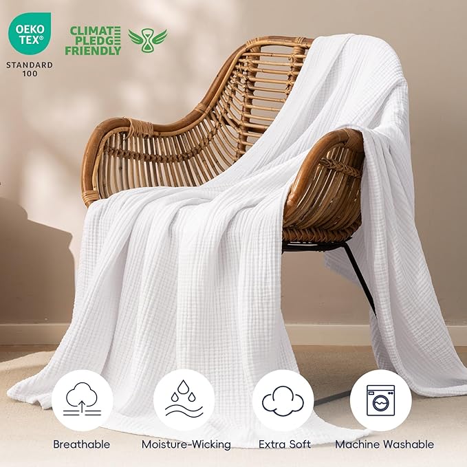 PHF 100% Cotton Muslin Throw XL Blanket Large 50" x 70", 4-Layer Lightweight Gauze Throw, Breathable Cloud-Soft Minimalist Blanket for Bed, Couch, Camping & Baby, White, Ideal Gift