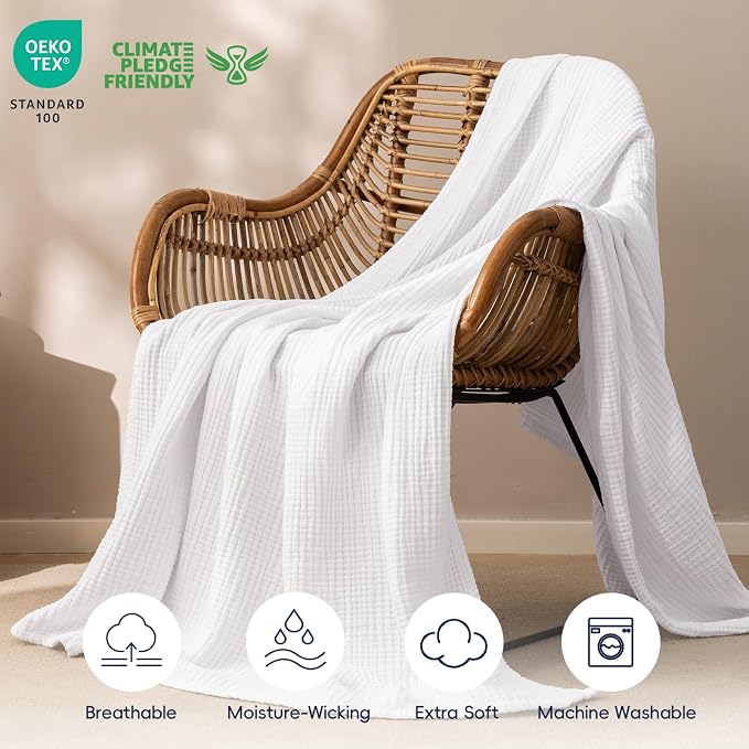 PHF 100% Cotton Muslin Blanket Twin XL Size 66"x90", 4-Layer Lightweight Gauze Throw, Breathable Cloud-Soft Minimalist Blanket for Bed, Couch, Camping & Baby, White, Ideal Gift