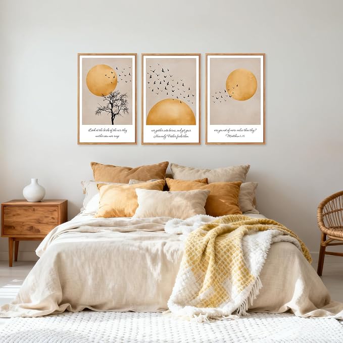 CHDITB Matthew 6:26 Look At The Birds Of The Air Framed Canvas Wall Art(24"x36"), 3 Panels Japandi Bible Verses Scripture Artwork Prints, Large Religious Christian Faith LDS Decor for Home Office Bedroom