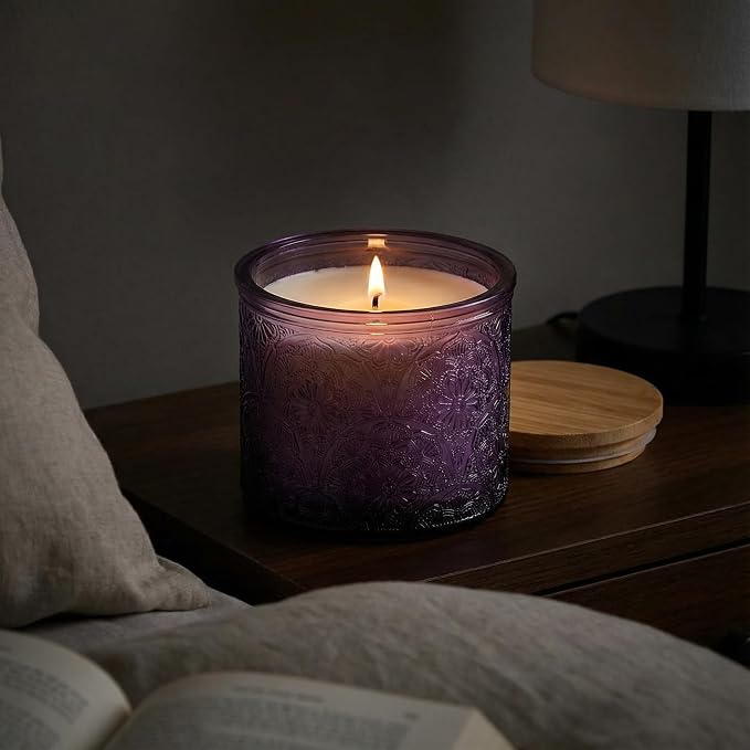 10 oz Purple Mandala Glass Candle Jars with Bamboo Lids, 9 Pack | Patented Embossed Design, Includes Wick Centering Devices & Warning Labels, Multiple Color Options