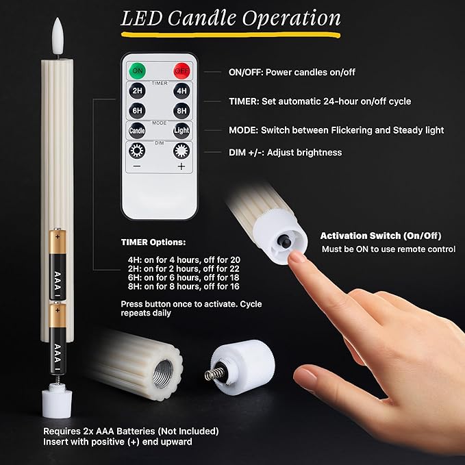 6 Pack, 10" LED Flameless Real Wax Cream Beige Fluted Ribbed Grooved Taper Candles, Remote & 24h Timer Memory, On/Off Button, Dimmable, Flicker Mode, Battery Operated, Wedding
