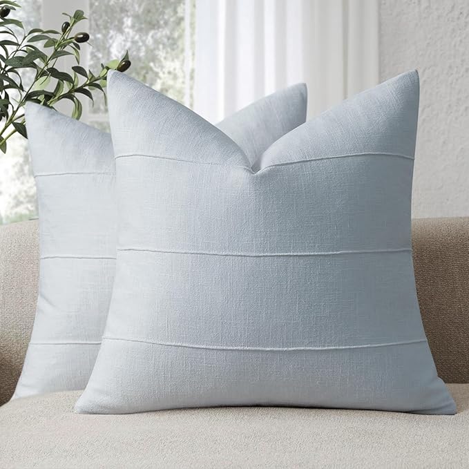 ZWJD Decorative Linen Throw Pillow Covers 20x20 Set of 2 Solid Handcrafted Striped Cushion Covers for Bed Soft Modern Farmhouse Neutral Pillowcase for Couch Bedroom Living Room Home Decor(Sky Blue)