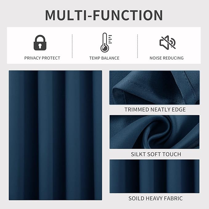 Joydeco Blackout Curtains 90 inch Long 2 Panels Set, Thermal Insulated Long Curtains & Drapes 2 Burg, Room Darkening Grommet Drapes for Bedroom Living Room Windows (W52 x L90 Inch, Navy Blue)