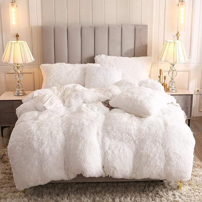 Faux Fur Velvet Fluffy Bedding Duvet Cover Set Down Comforter Quilt Cover with Pillow Sham, Ultra Soft Warm (White, Twin)
