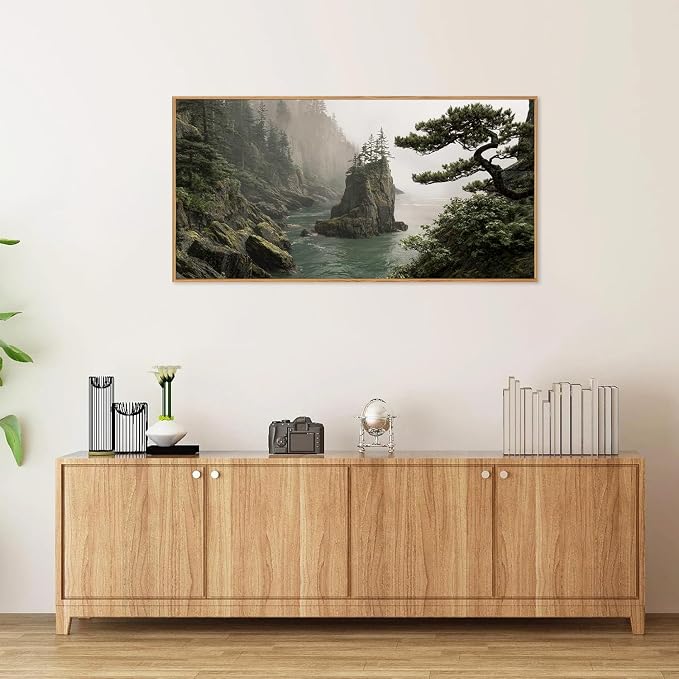 Rantodecor Coastal Forest Framed Canvas Wall Art, Pacific Northwest Coast landscape Wall Decor, Nature PNW Mountain Sea Art Paintings, Sage Green Pine Artwork for Bedroom Living Room Office 40"x20"