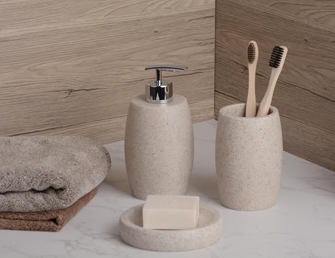 Clasin Home Beige Bathroom Accessories Set 3 PC, Resin Sandstone Look Soap Dispenser, Toothbrush Cup, Soap Dish, Bathroom Soap Dispenser Set for Home Decor and Kitchen