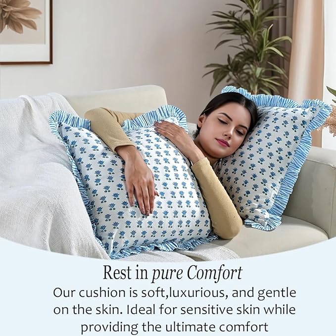 CPC Arctic Blue Hand Block Print 100% Cotton Ruffle Throw Pillow Cover 24x24 inch with Hidden Zipper Decorative for Couch, Bed, Sofa, Farmhouse, Cottagecore Decor Gift Christmas Fall Thanksgiving