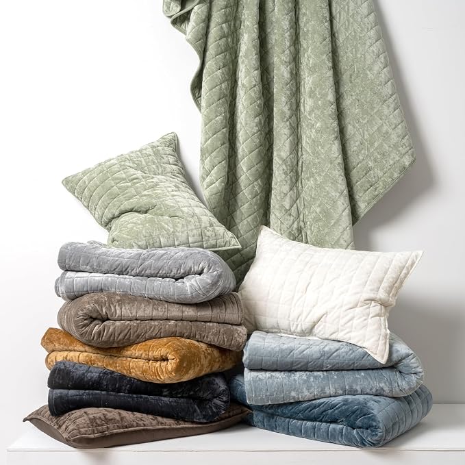 RECYCO Luxury Velvet Quilt Set Full Queen Size Bedding Sets, Ultra Soft Velvet Comforter Set, Lightweight Channel Box Stitch Oversized Bedspread Coverlet for All Season, with 2 Shams, Mocha Brown