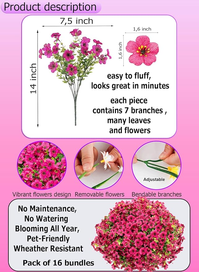 AXYLEX Artificial Flowers for Outdoors Fake Plants - 16 Bundles Faux Outside Greenery Boxwood No Fade Plastic Shrubs Fall Decor Farmhouse Home Garden Thanksgiving Mums (Red)