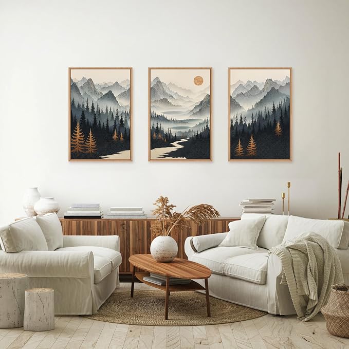 Watercolor Misty Forest Framed Canvas Wall Art Set, Foggy Mountain Wall Decor, Misty Pine Tree Wall Painting, Large Nature Landscape Art Prints for Living Room, Bedroom, Office - 24"X36"X3