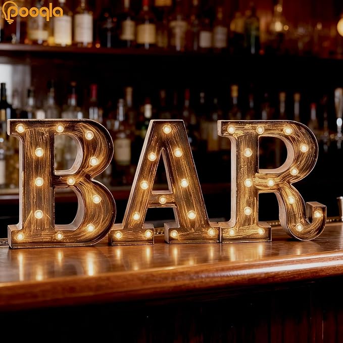 Pooqla BAR - Illuminated Marquee Bar Sign for home decor - Light up LED Marquee Word Sign - Pre-Lit Pub Light Battery Operated (23.03-in x 8.66-in) (Vintage)
