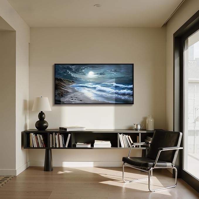 imjiayu Beach Wall Art, Large Wall Decor, Black Framed Wall Art, Coastal Wave Decoration Painting, Seaside Moon Night Canvas Prints, Modern Ocean Pictures Wall Decor Living Room Bedroom Office 20"x40"