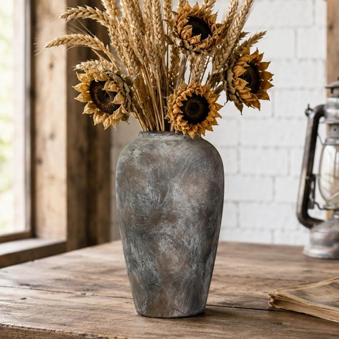 12 Inch Ceramic Rustic Farmhouse Vase, Handmade Pottery Flower Vases for Home Decor, Brown Ceramic Vase for Living Room, Table Centerpieces & Shelf Decor, Wedding Gifts