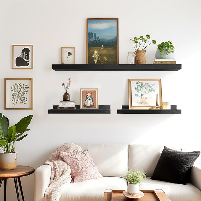 LaVie Home 35.4-Inch Black Floating Shelves for Wall Storage Set of 4 - Modern Minimalist Picture Ledge Shelf Wall Decor for Kitchen, Bedroom, Bathroom, and Living Room, Large Floating Shelves