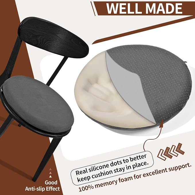 BUYUE Memory Foam Seat Cushion, Dia 16.5" Soft Velvet Round Stool Cushion Anti-Slip Chair Pads, L, Dark Grey