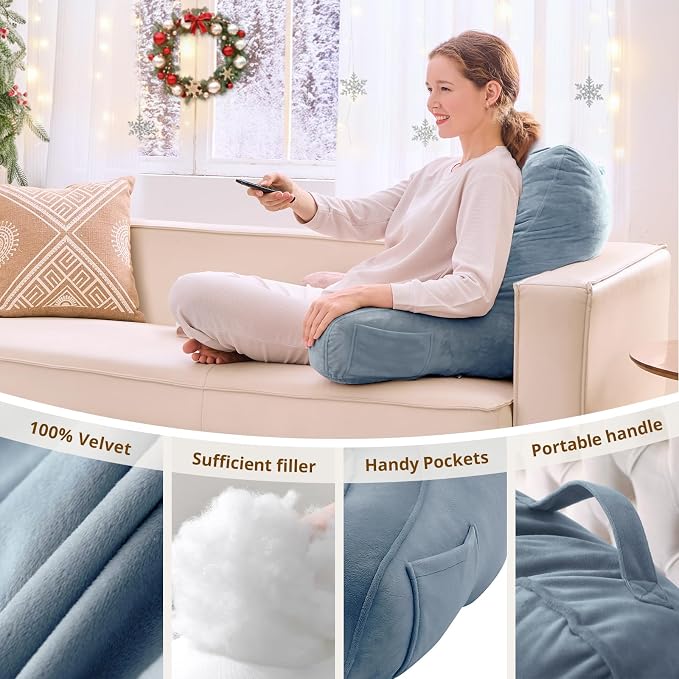 Sasttie Reading Pillow, Pillows for Reading or Relaxing – Ergonomic Support for Head, Neck, Back, and Lumbar, 21-Inch, Greyish Blue