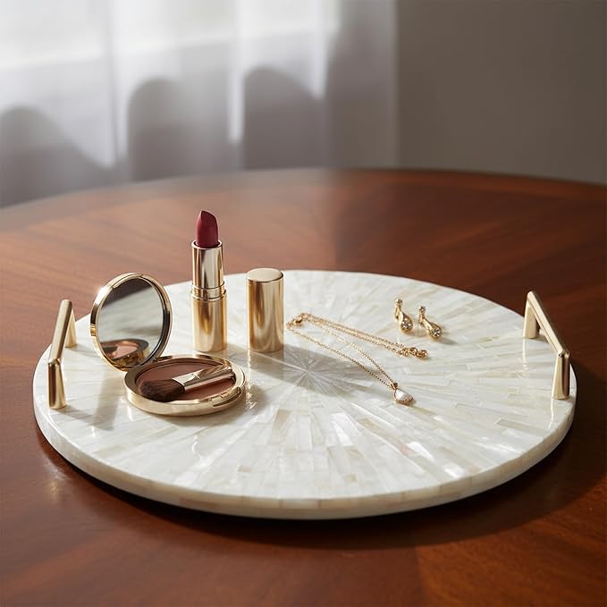 PEMAR Mother of Pearl Decorative Tray, 13"" Round with Gold Metal Handles, Vanity/Perfume/Trinket Tray, Catchall for Dresser, Bathroom, Vanity Table (White Sunlight)
