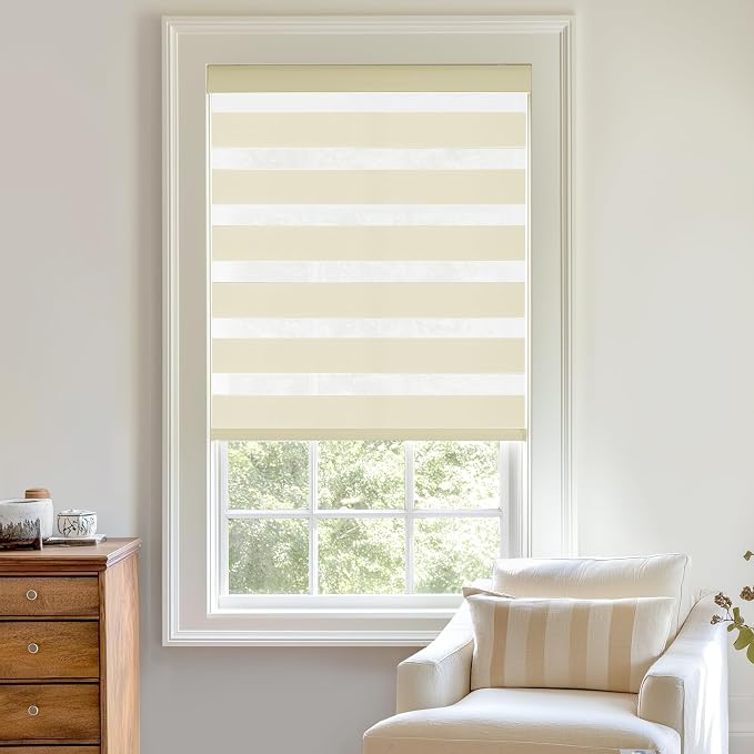 ChrisDowa Cordless Zebra Blinds for Windows, Dual Layer Free-Stop Light Filtering Window Roller Shades, Pull Down Privacy Zebra Shades for Home, Office, Bedroom, Door (72" W x 72" H, Beige)