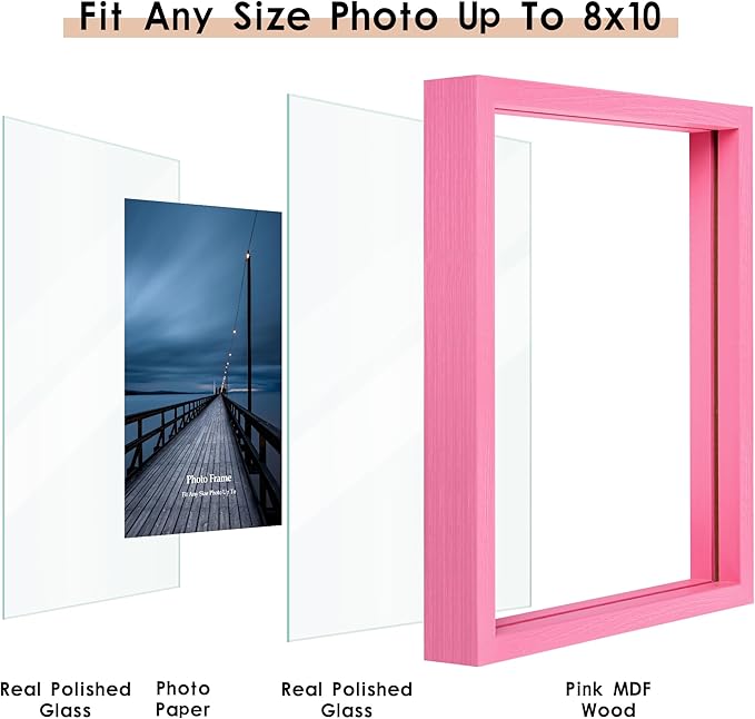 MUYE 8x10 Floating Frame Set of 2,Double Real Glass Photo Frame for Wall Hanging or Tabletop Standing,Display Any Size Photo up to 8x10,Pink