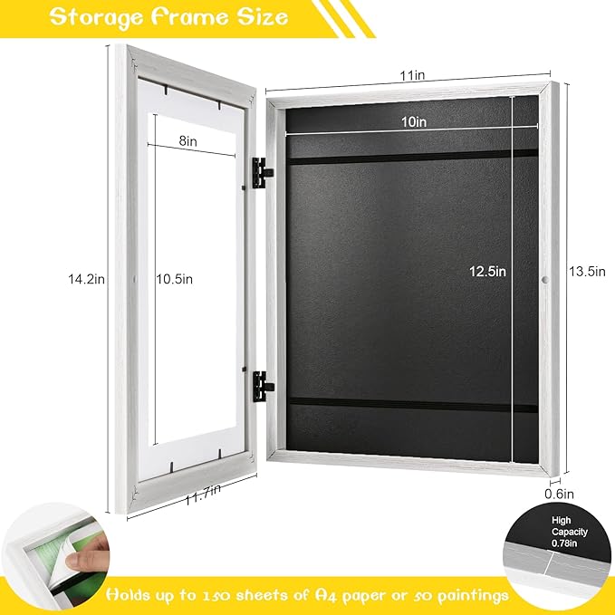 2 Pack White Kids Art Frame, 10x12.5 Child Artwork Display Frame Without Mat Changeable Front Opening, 8.5x11 With Mat, Children Storage Hold 50pcs Crafts, Drawing, Project, Schoolwork