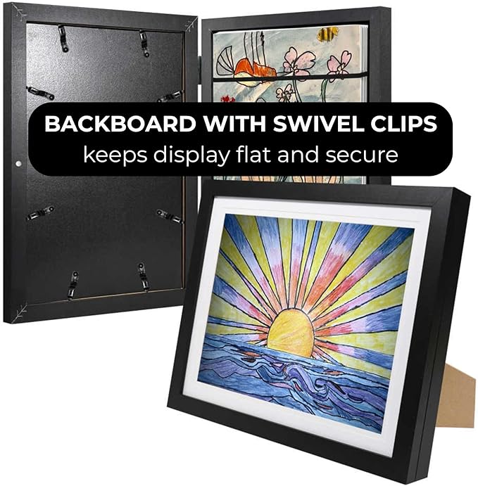 2-Pack Kids Artwork Frames Changeable 10x12.5 with Easel Stand, Hangers, Backboard, Shatterproof Plexiglass | 2 Mats Fit 9x12, 8.5x11, A4 Paper Sizes | Large and Easy-Access Kids Art Frame Display and Storage for up to 100 Sheets (Black)