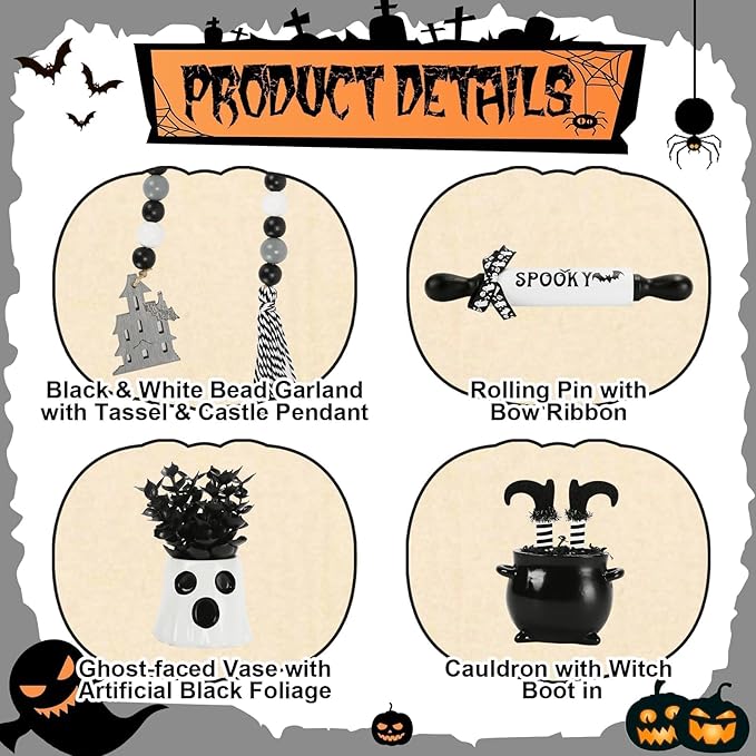 Halloween Decorations 8PCS Tiered Tray Decor, Cute Tabletop Halloween Decor for Home Tray Shelf Mantel Coffee Bar Office Table Centerpieces Farmhouse Rustic Spooky Wood Signs