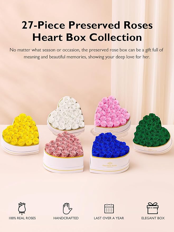 Eterfield 27 Forever Flowers in Heart Shape Box, Preserved Roses That Last a Year Preserved Flowers Birthday Gifts for Her Mom Women Wife Anniversary Valentines Day Mothers Day Christmas, Green