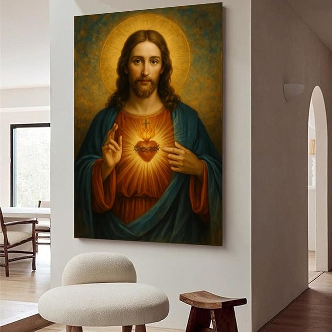Eysintum Sacred Heart of Jesus Large Canvas Wall Art, Christian Catholic Religious Wall Decor, Faith Art for Bedroom Living Room Prayer Room, Ready to Hang 24x36 Inch