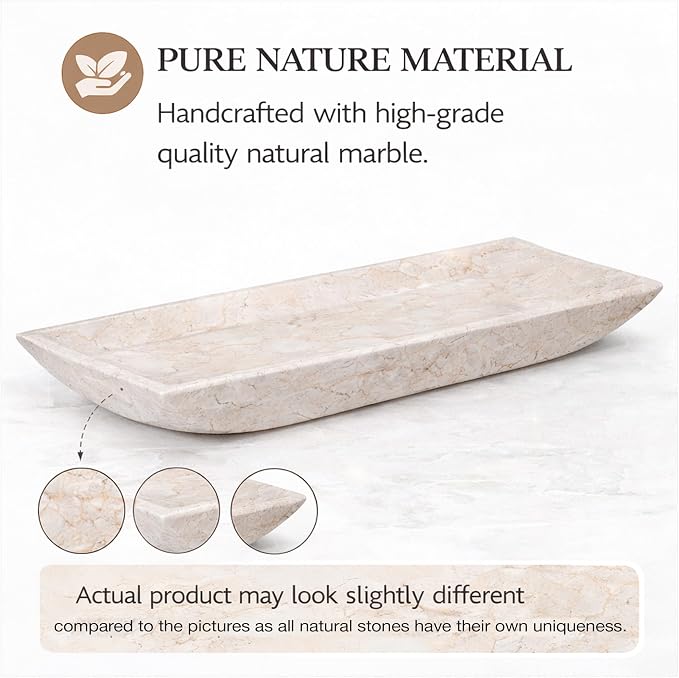 Creative Home Natural Champagne Marble Rectangular Vanity Tray Towel Tray Boat Shaped Tray Bathroom Accessories Organizer for Bathroom Countertop, Kitchen Sink, Jewelry, 16.5" x 6.3" x 1.5" H, Beige