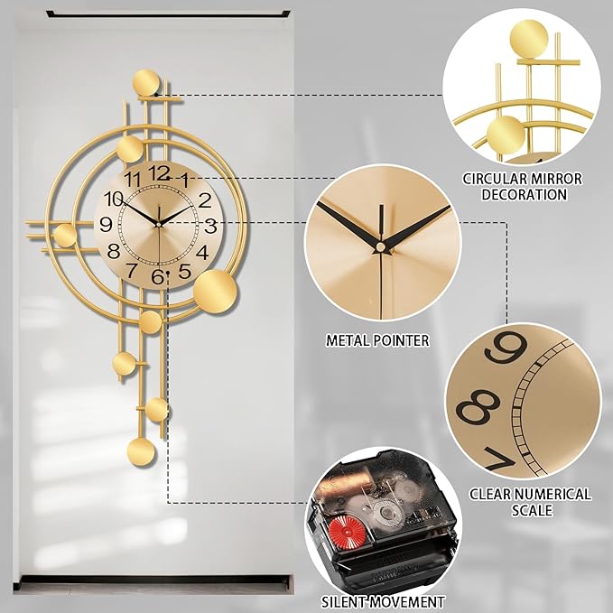 Wall Clock with Pendulum, Silent Non-Ticking Quality Quartz Battery Operated, Round Analog Large Wall Clock for Living Room Kitchen Bathroom Bedroom Wall Home Decor, 16.2x29.2inch, Golden
