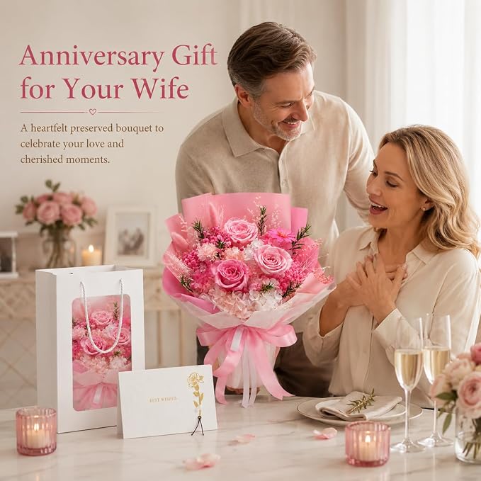 Preserved Pink Rose Bouquet, 100% Real Flowers for Women Mother Wife, Long-Lasting Eternal Roses with Gift Box, Forever Flowers for Anniversary Birthday Mother's Day, Lasts 3-5 Years