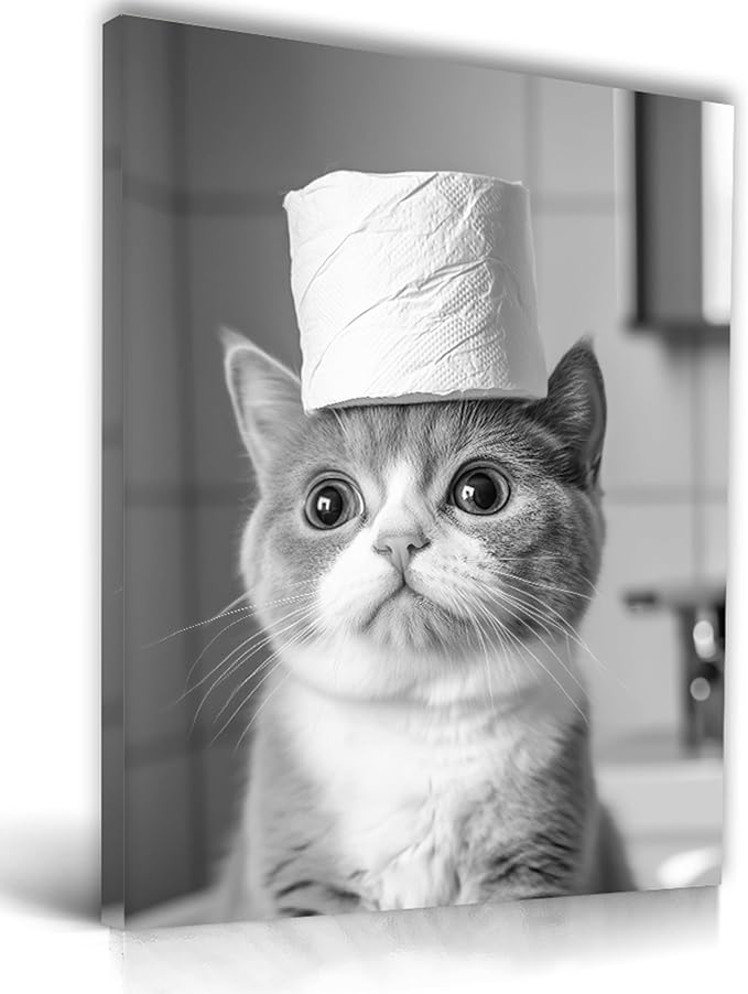 UPWOIGH Funny Black and White Cat Bathroom Wall Art, Cat with Toilet Paper Roll Decor, Cute Pet Humor Poster, Wood Framed Canvas 12x16 Inch