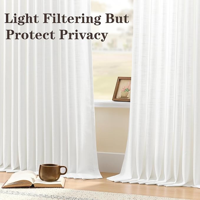 White Pinch Pleated Linen Curtains 96 Inches Long for Living Room, Light Filtering Pleat Drapes Textured Thick Ceiling Semi-Sheer Window Curtain with Hooks for Farmhouse Bedroom Balcony, 2 Panels