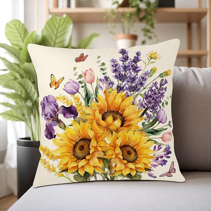 Sunflower Butterfly Throw Pillow Covers Tulip Iris Floral Pillow Covers 20x20 Set of 2 Purple Lavender Flower Pillow Cases Spring Summer Rustic Farmhouse Cushion Cases for Home