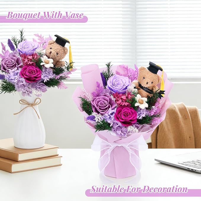 “So Proud of You”Preserved Purple Bouquet with Graduation Bear in Cap Gown | Real Eternal Flowers with Vase