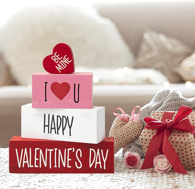 Smile Valentines Day Wooden Decoration, I Love U Happy Valentine's Day, Gift Box for Girlfriend Boyfriend Husband Wife Desk Sign Decor Home Office