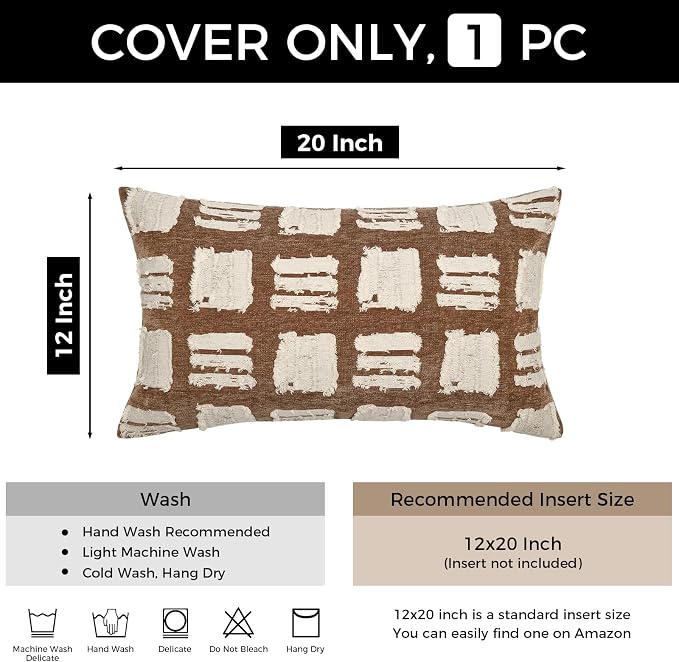 Boho Lumbar Pillow Covers 12x20, Brown White Abstract Grid Pillows Cushion Cover, Farmhouse Decorative Pillowcase for Sofa Couch Bedroom