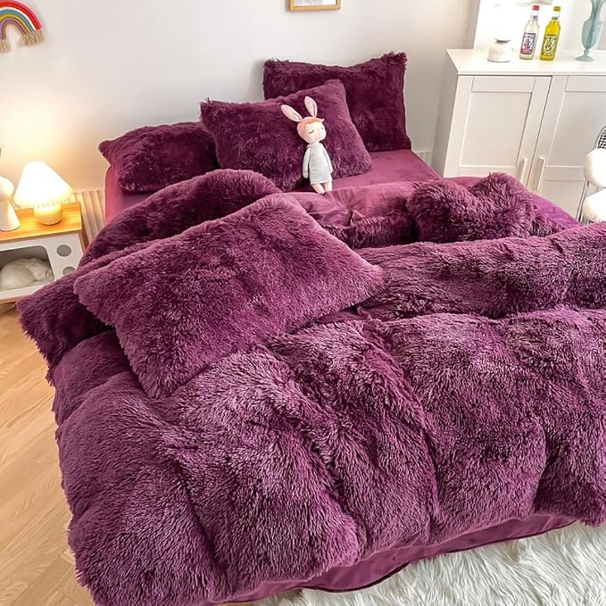 chovy Faux Fur Plush Grape Purple Comforter Sets Twin - Ultra Soft Shaggy Flannel Velvet Fluffy Fuzzy 3PC Bedding Set （Comforter x 1 Pillowcases x 2）